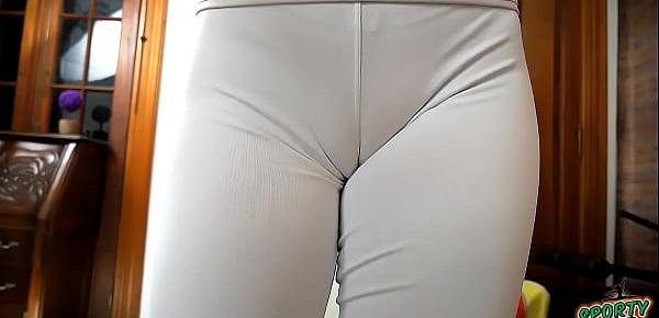  Puffy Cameltoe Blonde Teen Working Out in White Spandex Leggings